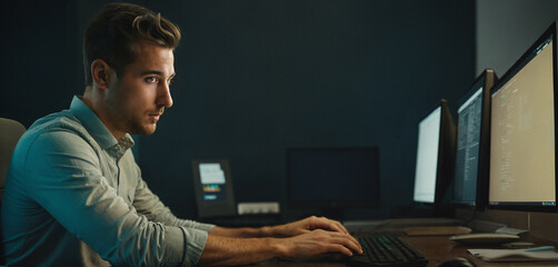 young adult caucasian man with fingers on computer-keyboard sits on a desk with multiple computer screens in a dark room or at late evening or early morning - obrazy, fototapety, plakaty