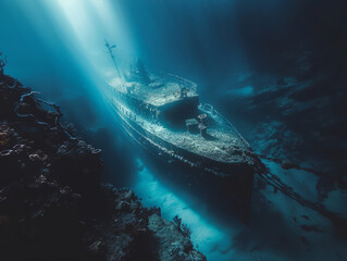 Large shipwreck under the sea - obrazy, fototapety, plakaty