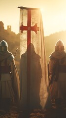 Knights Templar their path lit by the cross in the soft light of sunset - obrazy, fototapety, plakaty