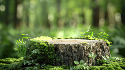 3D product podium with forest background, Tree stump base covered in moss perfect for showcasing...