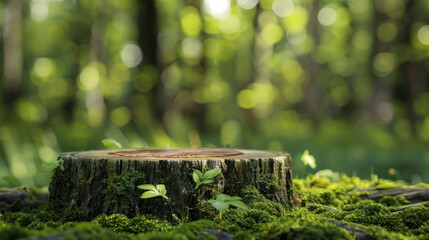 3D product podium with forest background, Tree stump base covered in moss perfect for showcasing...