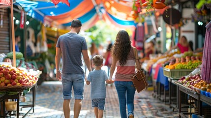 A family of four walking hand in hand backs turned as they stroll through a colorful market eagerly taking in all the sights . .