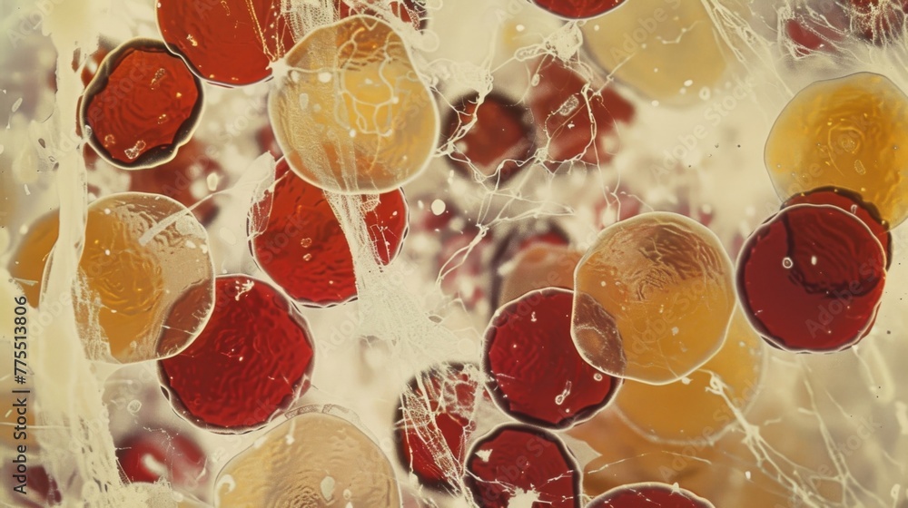 Poster a microscopic image of smears on a glass slide showing an assortment of red and white cells along wi