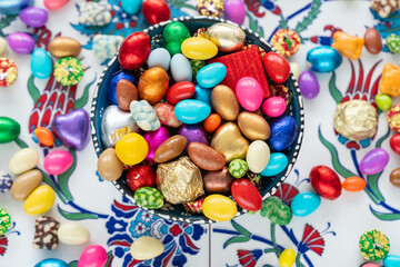 Fototapeta na wymiar Colorful Ramadan Eid Candy, Traditional Ottoman Candy (Osmanlı Akide Sekeri) Photo, Üsküdar Istanbul, Turkiye