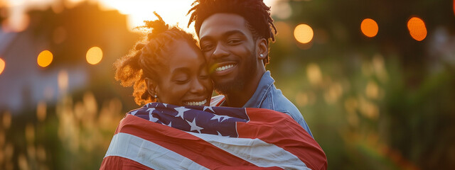 Happy people wrapped in American flags smiling and hugging each other. independence day  - Powered by Adobe