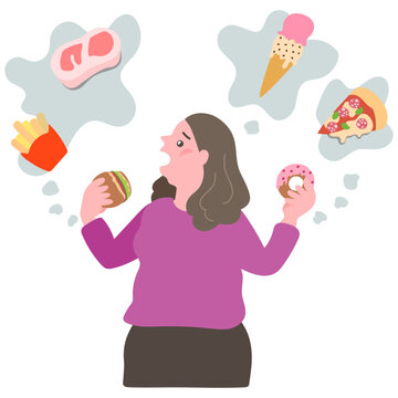 過食症でドーナツとハンバーガーを食べているのに他の食べ物の事を考えている太った女性と彼女が食べたいと思っている食べ物