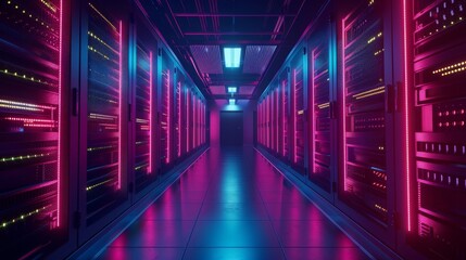 A high-tech server room filled with rows of vivid red and blue lights along a long hallway, creating a striking visual effect. Background. Neon.