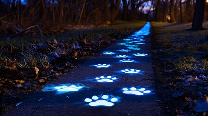 A dusky park walkway lit by blue illuminated dog paw prints. Background.