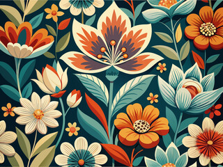 Ilustración vectorial de un colorido patrón floral con flores y hojas