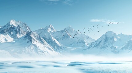 Birds Soaring Over Tranquil Snowy Mountainous Terrain