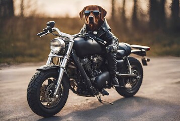 A brutal dog in sunglasses and a leather jacket rides a motorcycle outdoors
