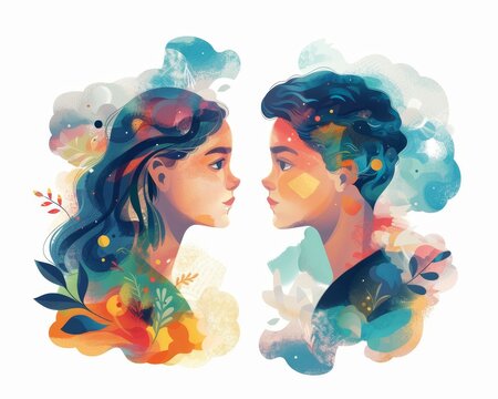 boy and girl couple Brainstorming Session Smoothing Calming Rhythms Innovative Vector Landscapes ,