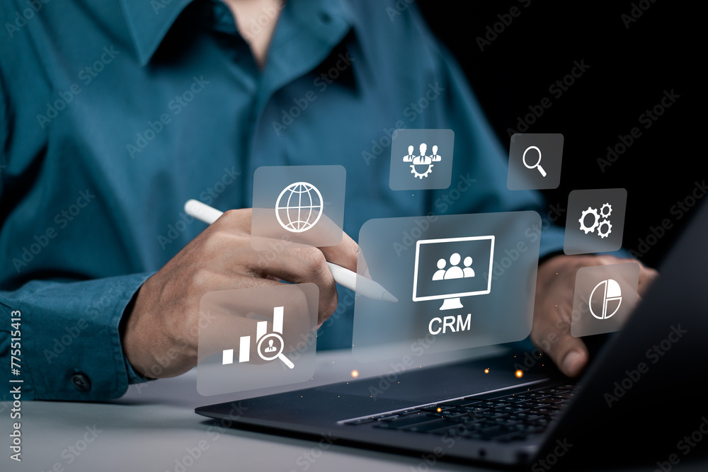 Poster crm, customer relationship management, digital marketing online and network connecting connections f