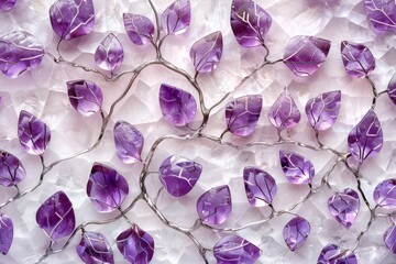 Ivy leaves are carved from amethyst, climbing over a trellis of polished silver, intertwining the vibrant energy of growth with the tranquil beauty of gemstones created with Generative AI Technology