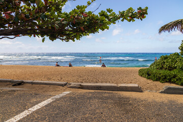a beautiful spring landscape at Sandy Beach with blue ocean water, silky brown sand, people relaxing, palm trees in Honolulu Hawaii USA