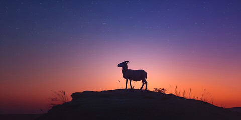 A silhouette of a goat in front of a sunset 
