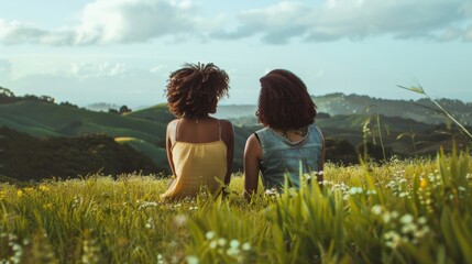 Two friends sit side by side on a grassy hill backs facing the camera. They appear engrossed in conversation faces turned . . - obrazy, fototapety, plakaty