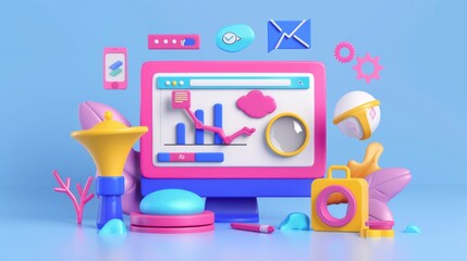 Bold 3D clay pie chart and pointer on computer screen