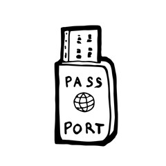 Passport, a digital art of travel passport with boarding pass hand drawn icon illustration isolated on white background.