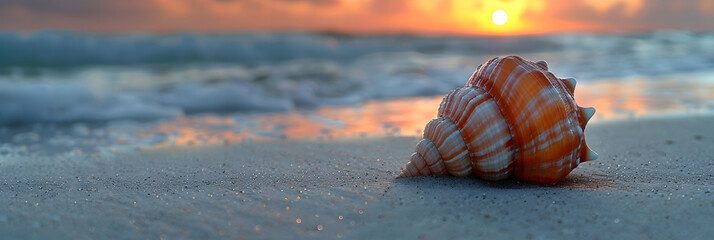 Round Seashell on Sandy Beach,
 pair of identical seashells on a sandy beach ocean waves in the background - obrazy, fototapety, plakaty