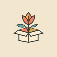 A plant sprouting from a delivery box, showcasing growth and nature in an unexpected setting. Flower delivery concept. Logo.