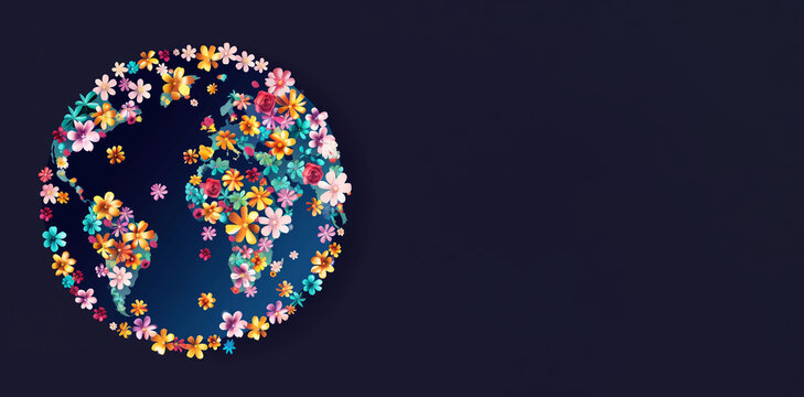 A bright logo featuring a world map composed of multicolored flowers. Banner. Copy space. Earth Day concept.