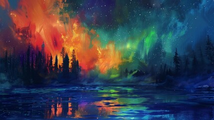 An explosion of vibrant colors highlighted by the subtle iridescence of ethereal aurora lights in the background. - obrazy, fototapety, plakaty