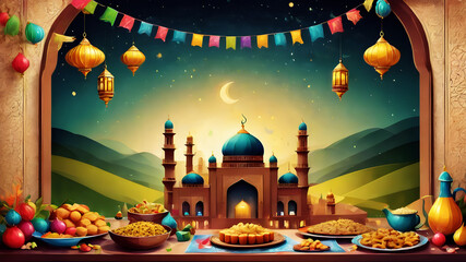 Illustrate a festive Eid Mubarak background filled with joyous gatherings of families and friends, enjoying delicious traditional foods and exchanging gifts