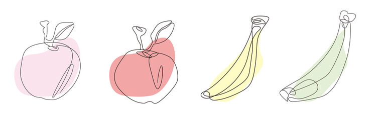 【一筆書きイラスト】リンゴとバナナのラインアートイラストセット - obrazy, fototapety, plakaty