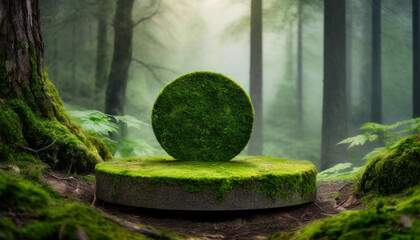 Empty product podium in misty woodland, symbolizing natural allure and eco-friendly appeal - obrazy, fototapety, plakaty