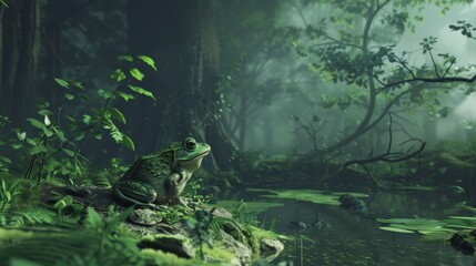 Fototapeta premium Futuristic forest scene with realistic green frog amidst beautiful dark green and grey details