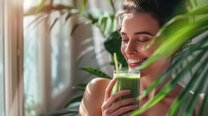 Portrait of a woman with a healthy drink, a happy woman with a green detox drink	 - obrazy, fototapety, plakaty