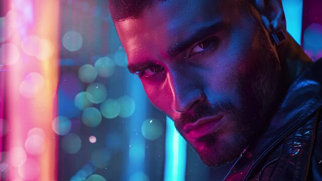 handsome and bi racial cyberpunk man. future technology game background. seamless looping overlay 4k virtual video animation background