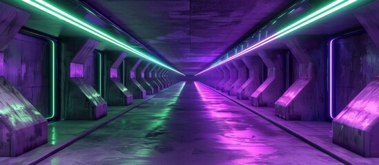 A long tunnel illuminated by neon lights