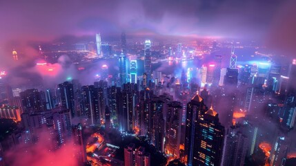 From the top of a highrise building the cityscape comes alive at night with a blanket of neon lights and swirls of steam peeking out from the streets below creating a mesmerizing