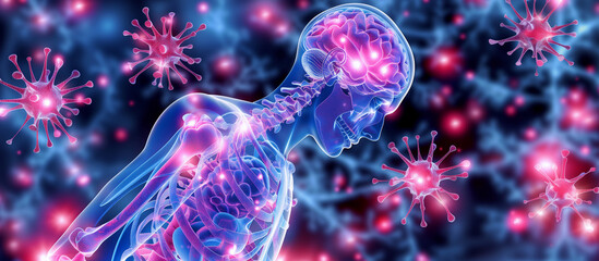 Digital illustration of human body and virus cells on colored background with glowing lights.
