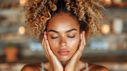 Struggling with pain, young African American woman closes her eyes, gently touching her face in discomfort due to a headache.