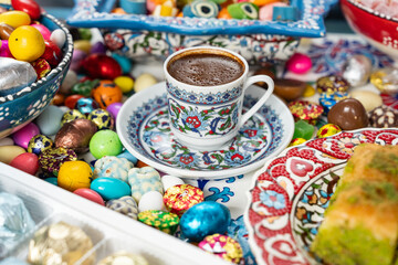 Fototapeta na wymiar Turkish Coffee in the Colorful Ramadan Eid Candy and Chocolate, Traditional Ottoman Cuisine Desserts Photo, Üsküdar Istanbul, Turkiye (Turkey)