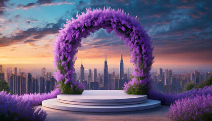 Lavender lilac arch over empty podium in twilight city setting