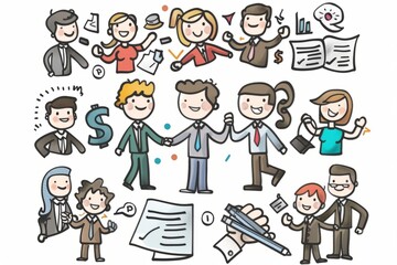 Cartoon cute doodles of a business negotiation, with characters shaking hands and signing contracts, sealing deals with a smile, Generative AI