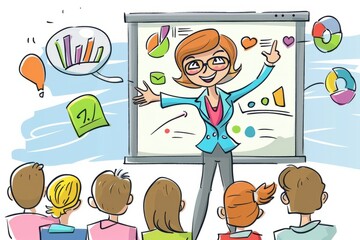 Cartoon cute doodles of a businesswoman or businessman giving a presentation, with colorful slides and enthusiastic audience reactions, Generative AI