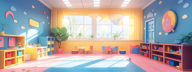 Children's classroom scene. Kindergarten children. A classroom with bright colors and good ventilation.	