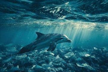 Fototapeta premium Marine animals that must face environmental disasters Garbage and plastic in the sea 