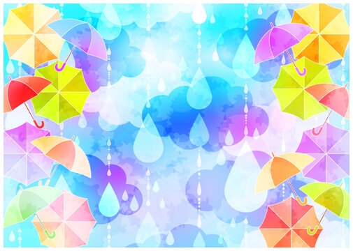 梅雨、傘、空、背景、イラスト、かわいい、横型、水彩、カラフル