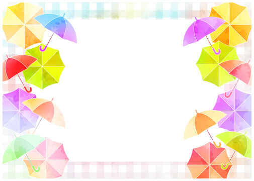 梅雨、傘、チェック、背景、イラスト、かわいい、横型、フレーム、メッセージカード、水彩、カラフル