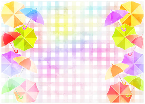 梅雨、傘、チェック、背景、イラスト、かわいい、横型、水彩、カラフル
