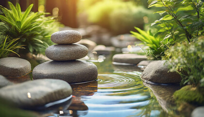 Zen-inspired 3D garden with flowing water and tranquil stones, ideal for meditation and tranquility