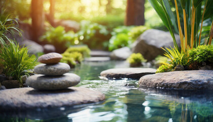 Zen-inspired 3D garden with flowing water and tranquil stones, ideal for meditation and tranquility