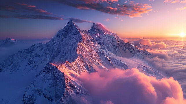 Beautiful aerial landscape of mountain peak at sunset