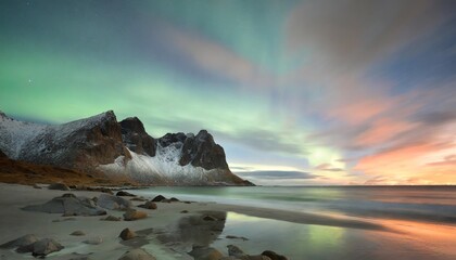 aurora borealis haukland beach lofoten islands - obrazy, fototapety, plakaty